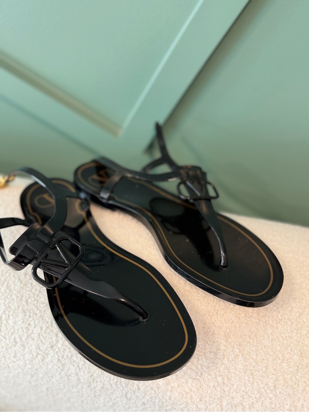 Valentino Garavani Black Logo T-Strap Jelly Sandals - Women